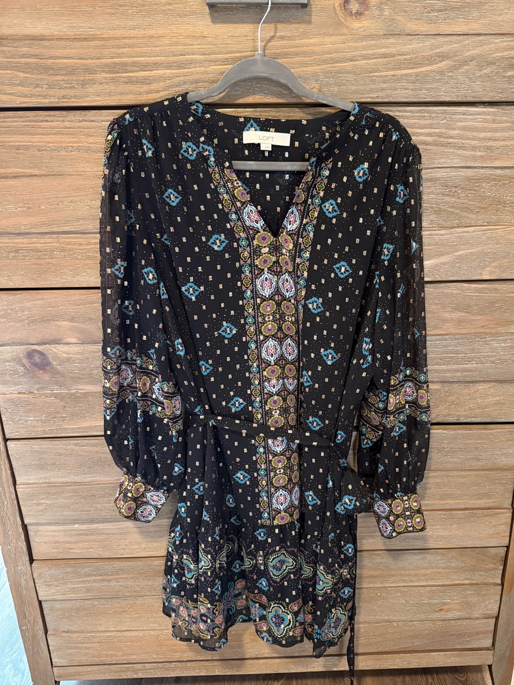 LOFT Black Mini Dress with Blue, Purple, and Cream Boho Print
